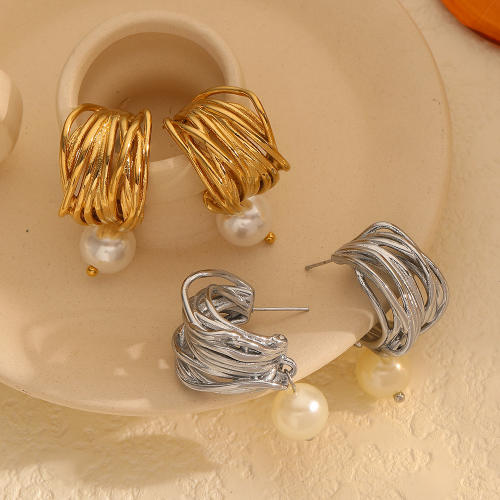 18KG geometric c shape pearl drop stainless steel earrings