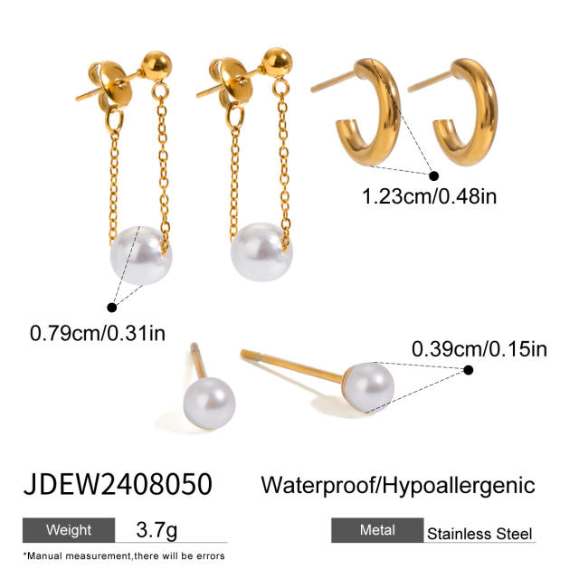 Elegant pearl bead three pair stainless steel earrings set
