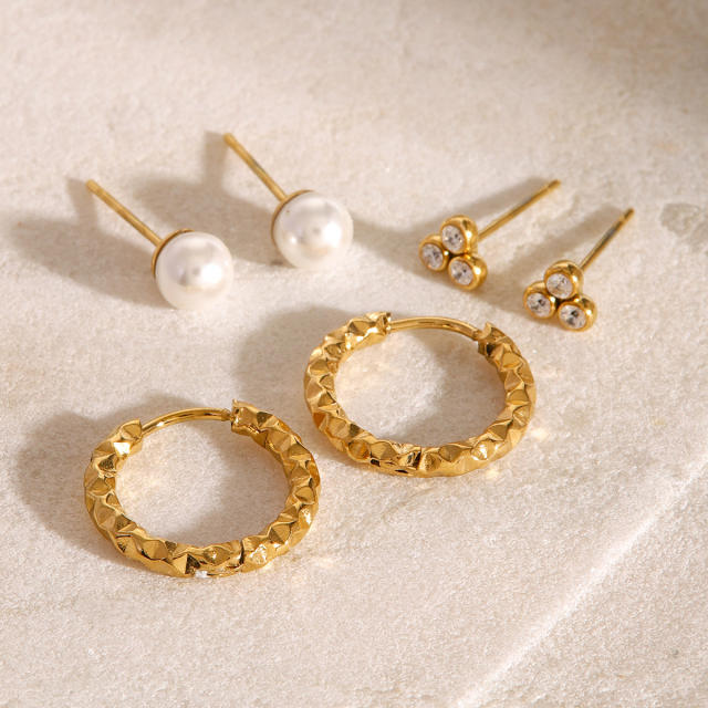 Elegant pearl bead diamond small hoop stainless steel earrings set