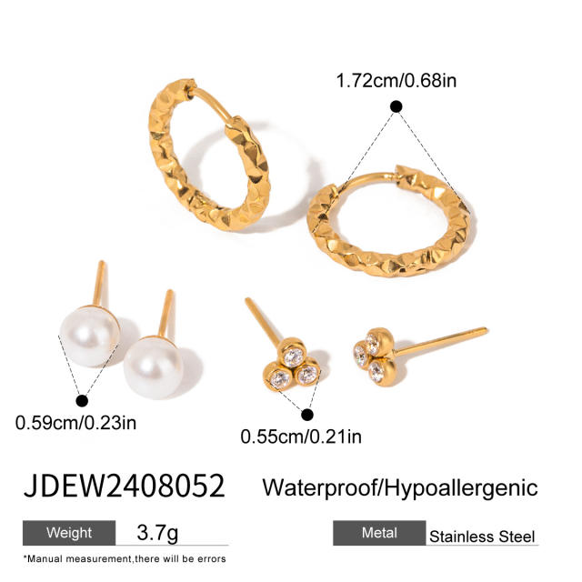 Elegant pearl bead diamond small hoop stainless steel earrings set