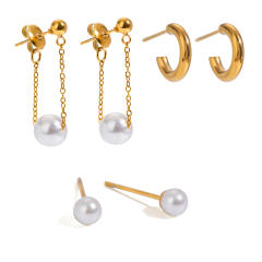 Elegant pearl bead three pair stainless steel earrings set