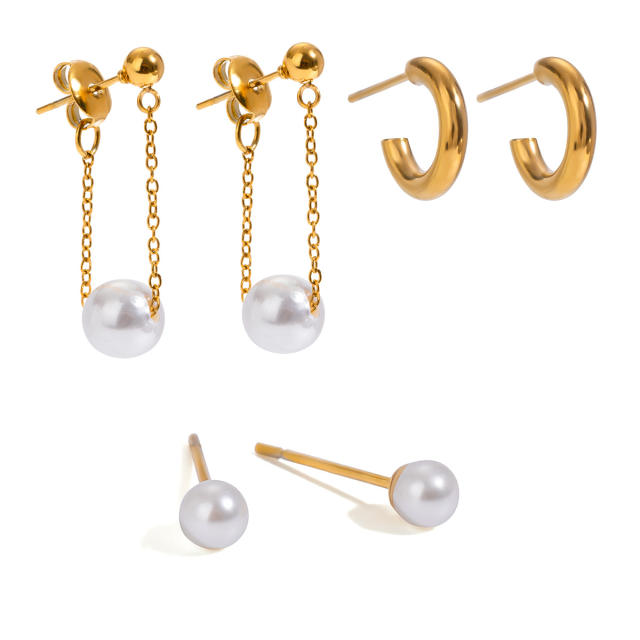 Elegant pearl bead three pair stainless steel earrings set