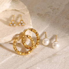 Elegant pearl bead diamond small hoop stainless steel earrings set