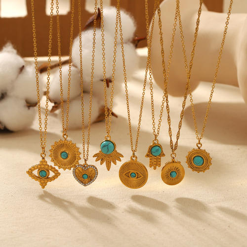 Vintage boho turquoise stone bead evil eye charm stainless steel necklace