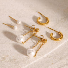 Elegant pearl bead three pair stainless steel earrings set