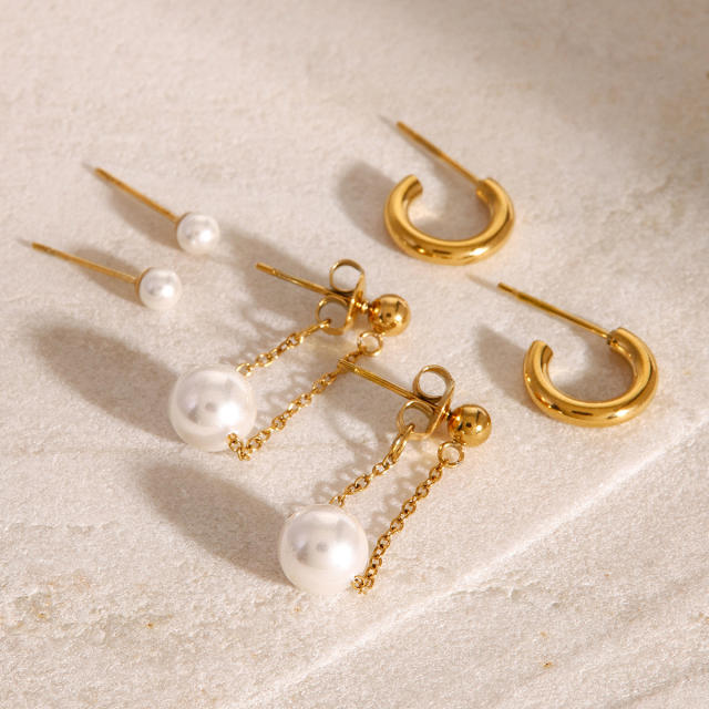 Elegant pearl bead three pair stainless steel earrings set