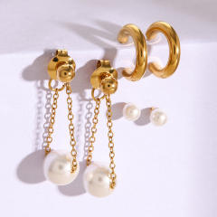 Elegant pearl bead three pair stainless steel earrings set