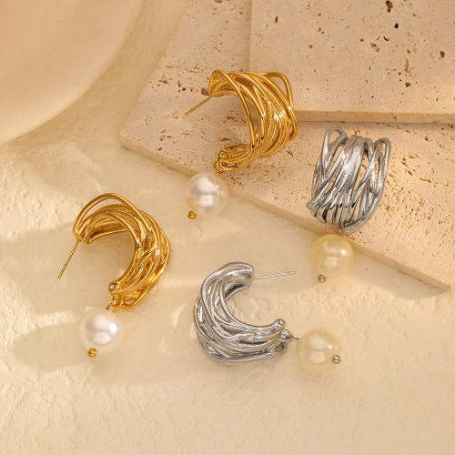 18KG geometric c shape pearl drop stainless steel earrings