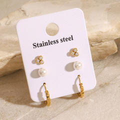 Elegant pearl bead diamond small hoop stainless steel earrings set