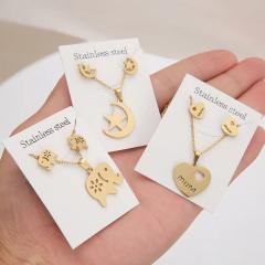 Dainty stainless steel gold color heart horse moon flower necklace set with card gift accessory