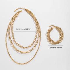 18KG three layer paperclip chain stainless steel necklace bracelet set