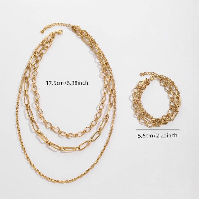 18KG three layer paperclip chain stainless steel necklace bracelet set