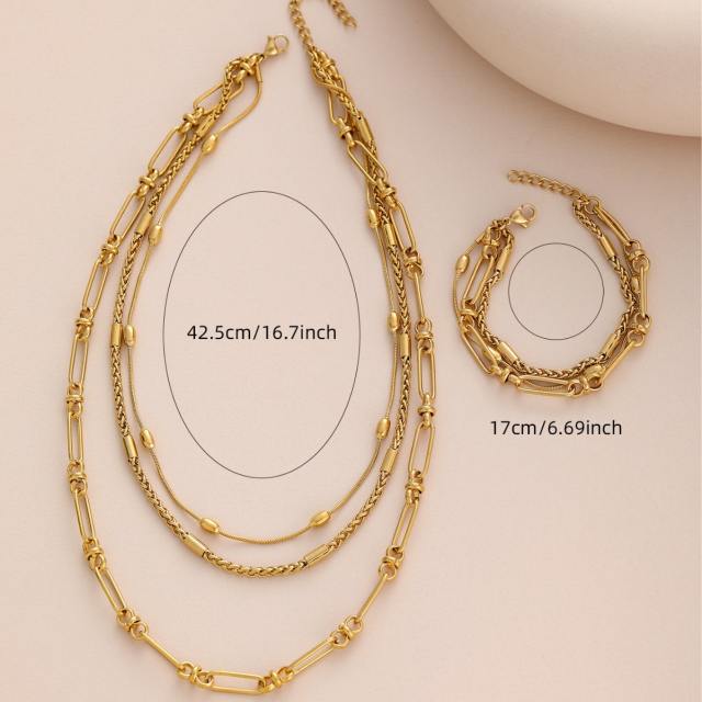 18KG easy match paperclip chain layer stainless steel necklace bracelet set