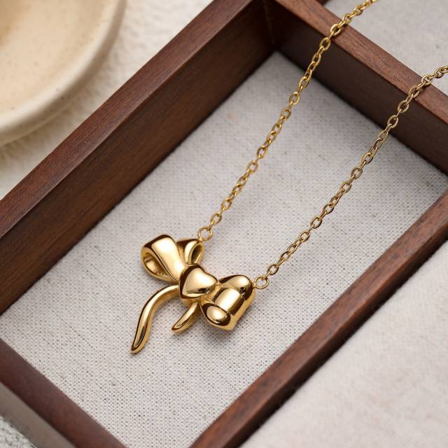 Dainty sweet bow stainless steel necklace earrings set