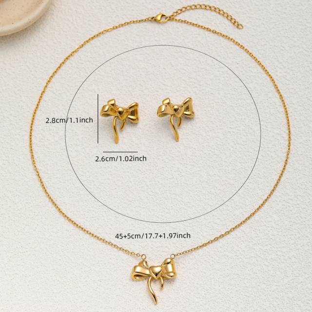 Dainty sweet bow stainless steel necklace earrings set