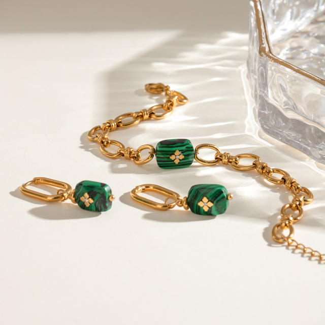 Boho malachite stone stainless steel chain bracelet earrings set