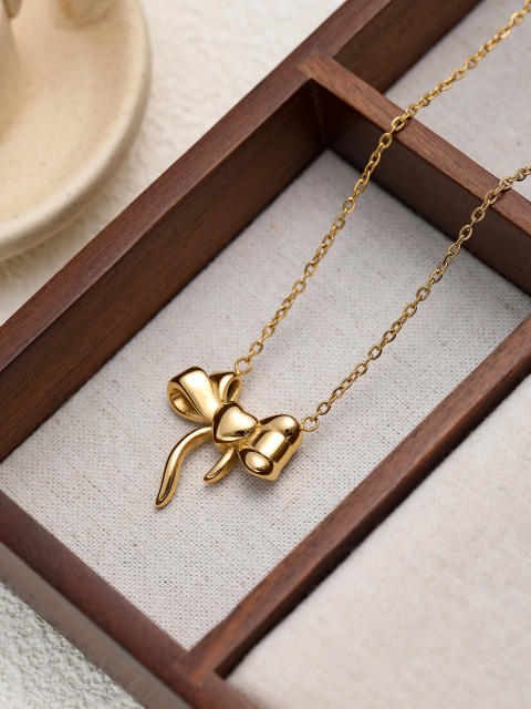Dainty sweet bow stainless steel necklace earrings set