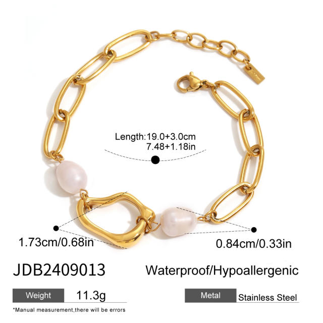 18KG elegant baroque pearl bead stainless steel chain necklace bracelet set