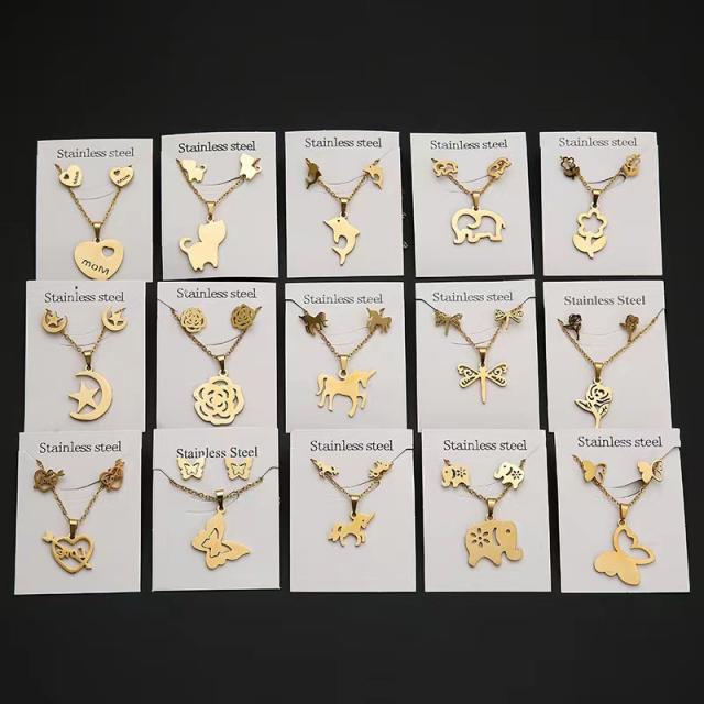 Dainty stainless steel gold color heart horse moon flower necklace set with card gift accessory