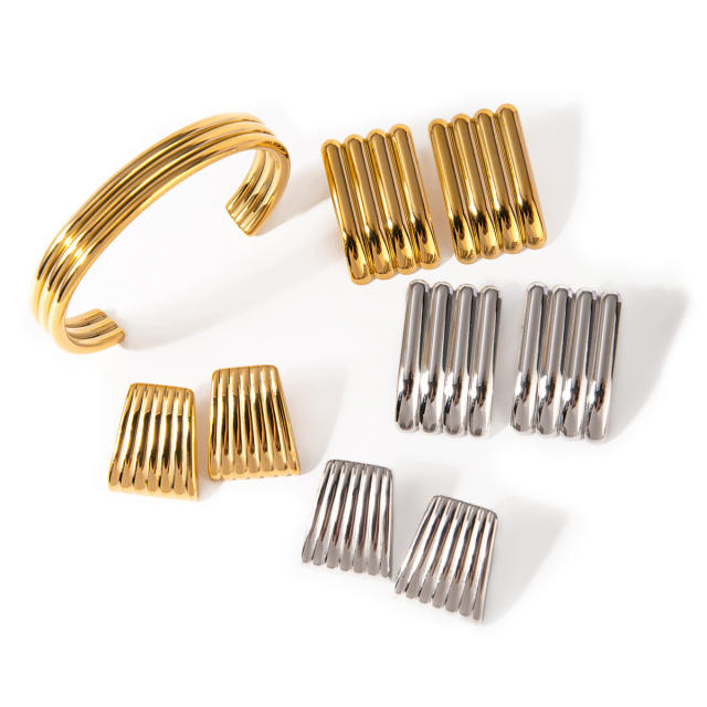 18KG chunky stainless steel geometric line cuff bangle bigger earrings set