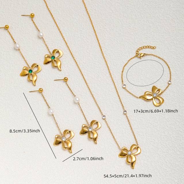 Sweet bow stainless steel dainty necklace earrings set