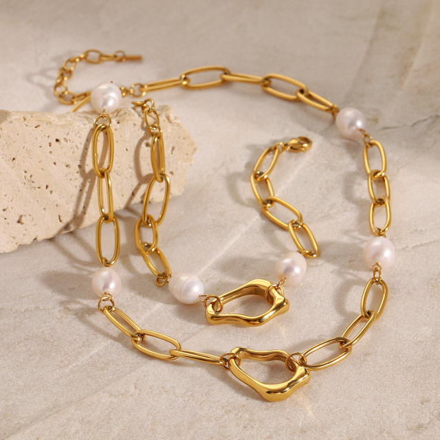 18KG elegant baroque pearl bead stainless steel chain necklace bracelet set