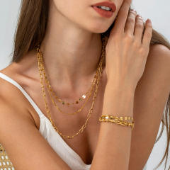 Hot sale gold color three layer stainless steel chain necklace bracelet set