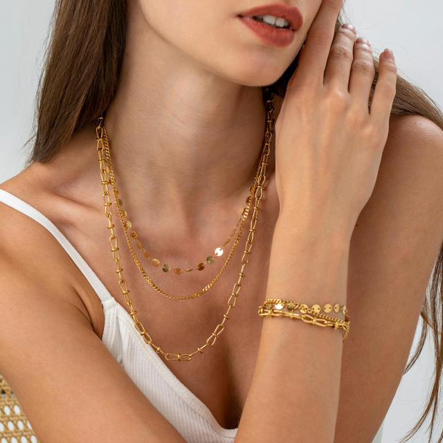 Hot sale gold color three layer stainless steel chain necklace bracelet set