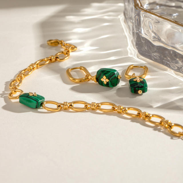 Boho malachite stone stainless steel chain bracelet earrings set