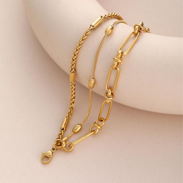 18KG easy match paperclip chain layer stainless steel necklace bracelet set
