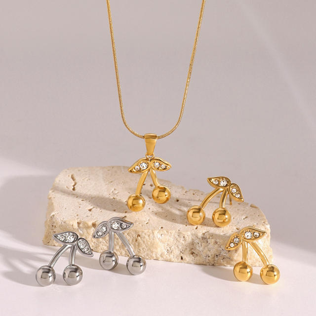 Cute diamond cherry sweet stainless steel necklace earrings set