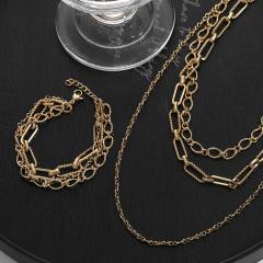 18KG three layer paperclip chain stainless steel necklace bracelet set