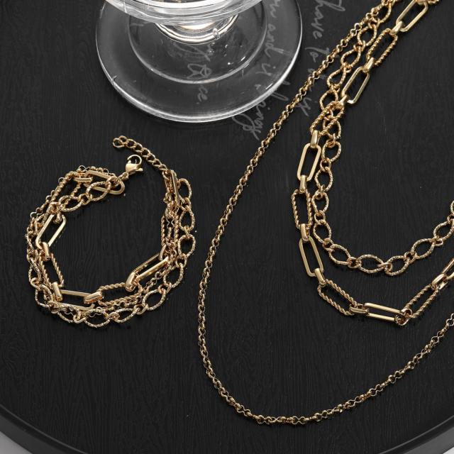 18KG three layer paperclip chain stainless steel necklace bracelet set