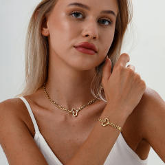 18KG chic heart stainless steel chain choker necklace bracelet set