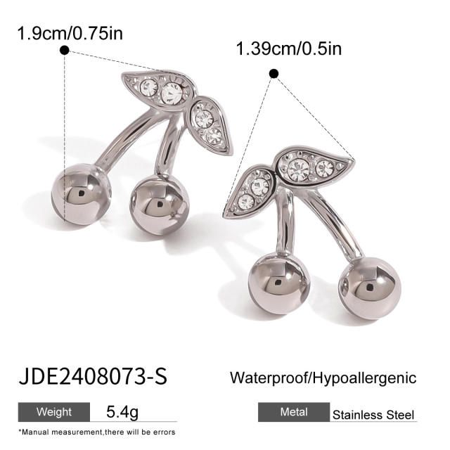 Cute diamond cherry sweet stainless steel necklace earrings set