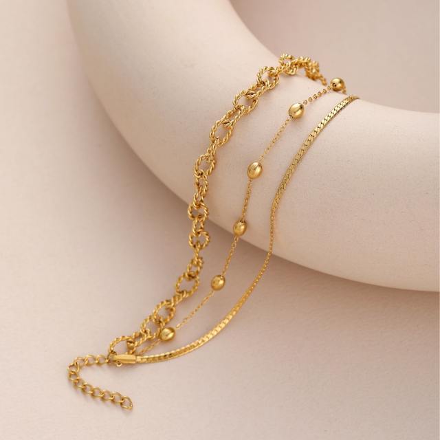 18KG easy match three layer stainless steel chain necklace bracelet set
