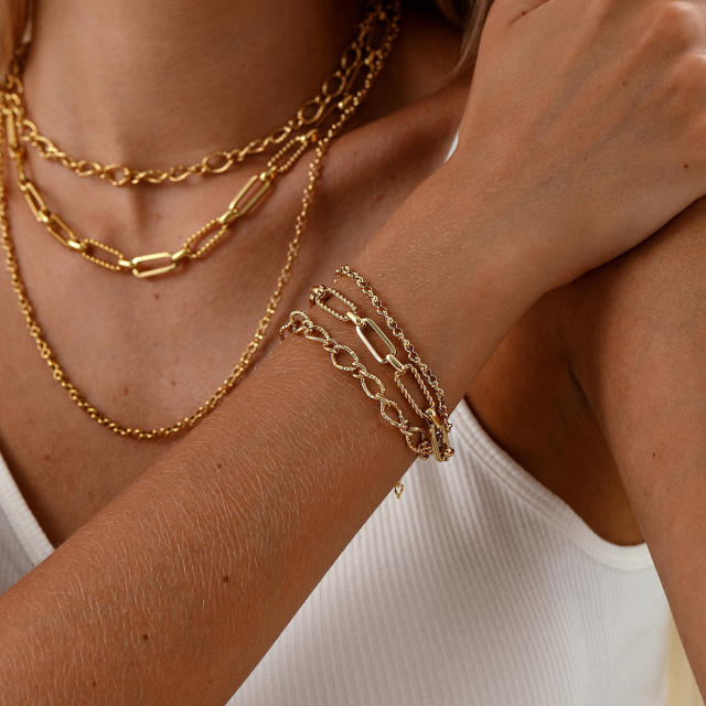 18KG three layer paperclip chain stainless steel necklace bracelet set
