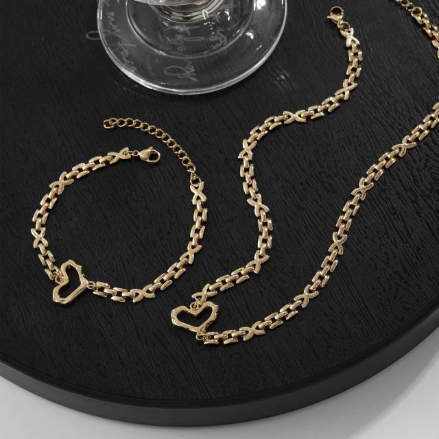 18KG chic heart stainless steel chain choker necklace bracelet set