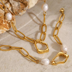18KG elegant baroque pearl bead stainless steel chain necklace bracelet set