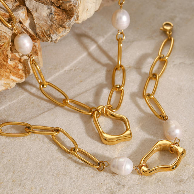 18KG elegant baroque pearl bead stainless steel chain necklace bracelet set