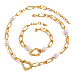 18KG elegant baroque pearl bead stainless steel chain necklace bracelet set