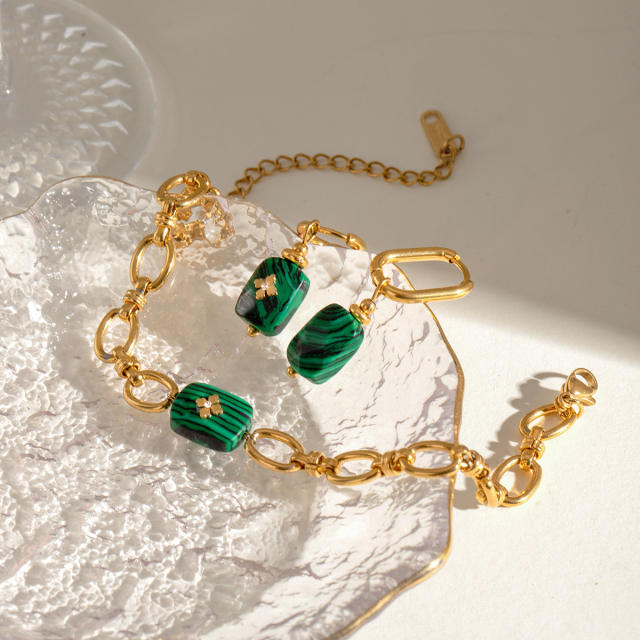 Boho malachite stone stainless steel chain bracelet earrings set