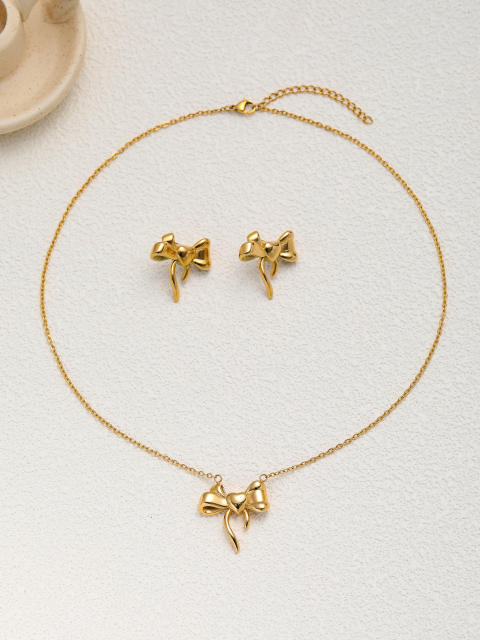 Dainty sweet bow stainless steel necklace earrings set
