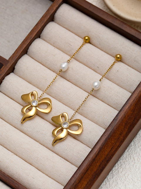Sweet bow stainless steel dainty necklace earrings set
