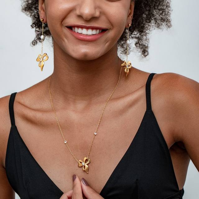 Sweet bow stainless steel dainty necklace earrings set