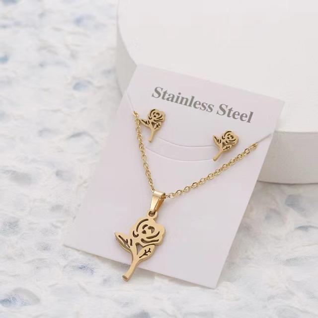 Dainty stainless steel gold color heart horse moon flower necklace set with card gift accessory