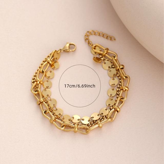 Hot sale gold color three layer stainless steel chain necklace bracelet set