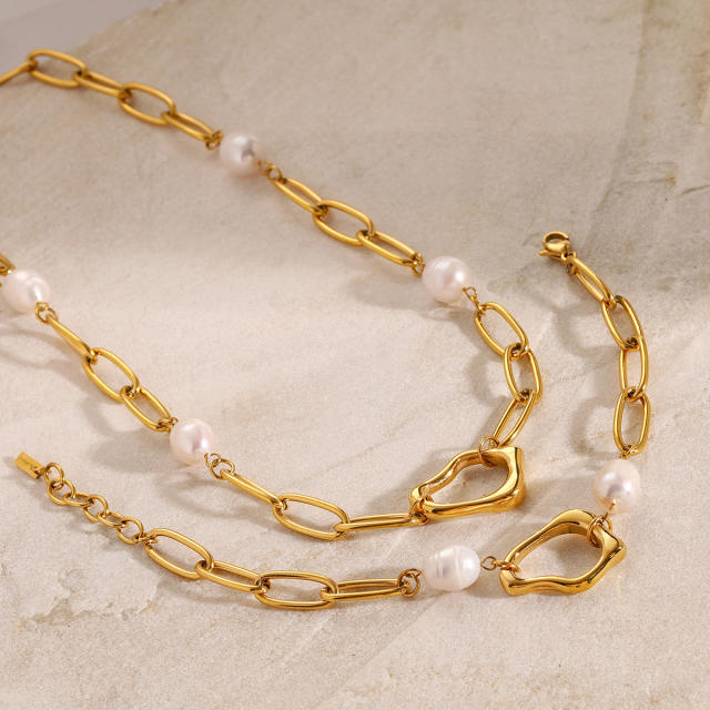 18KG elegant baroque pearl bead stainless steel chain necklace bracelet set