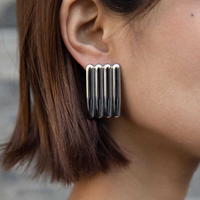 18KG chunky stainless steel geometric line cuff bangle bigger earrings set