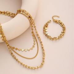 Hot sale gold color three layer stainless steel chain necklace bracelet set